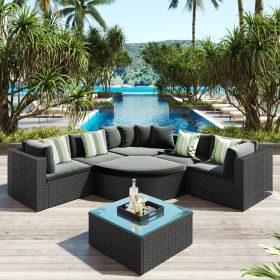 7-piece Outdoor Wicker Sofa Set; Rattan Sofa Lounger; With Striped Green Pillows; Conversation Sofa; For Patio; Garden; Deck; Black Wicker; Gray Cushi