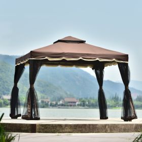 9.8Ft. Wx9.8Ft.L Outdoor Iron Vented Dome Top Patio Gazebo with Netting for Backyard; Poolside and Deck; Brown