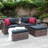 5 Pieces Outdoor Patio Garden Brown Wicker Sectional Conversation Sofa Set with Black Cushions and Red Pillows; w/ Furniture Protection Cover