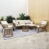 6PCS Outdoor Patio Balcony Natural Color Wicker Sofa Chair Set with Beige Cushion; Round Tempered Glass Table and Furniture Cover