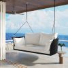 GO 51.9' 2-Person Hanging Seat; Rattan Woven Swing Chair; Porch Swing With Ropes; Black Wicker And White Cushion