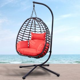 Outdoor Rattan Hanging Oval Egg Chair in Stock; 37"Lx35"Dx78"H (Red)