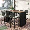 Outdoor Patio 7-Piece Rattan Dining Table Set, PE Wicker Bar Furniture Set with Wood Tabletop and 6 Dining Chairs for Backyard, Garden, Black Rattan+B