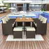 Patio All-Weather PE Wicker Dining Table Set with Wood Tabletop for 10, Brown Rattan+Beige Cushion (11-Piece)