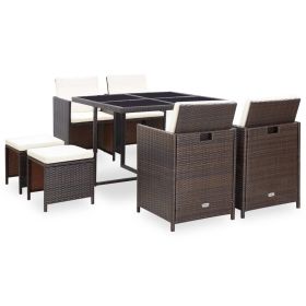 vidaXL 9 Piece Patio Dining Set with Cushions Poly Rattan Brown