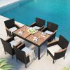 7-Piece Outdoor Patio Dining Set, Garden PE Rattan Wicker Dining Table and Chairs Set, Acacia Wood Tabletop, Stackable Armrest Chairs with Cushions (B