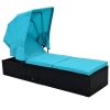 76.8" Long Reclining Single Chaise Lounge with Cushions; Canopy and Cup Table; Black Wicker+Blue Cushion