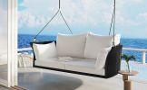 GO 51.9' 2-Person Hanging Seat; Rattan Woven Swing Chair; Porch Swing With Ropes; Black Wicker And White Cushion