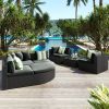 7-piece Outdoor Wicker Sofa Set; Rattan Sofa Lounger; With Striped Green Pillows; Conversation Sofa; For Patio; Garden; Deck; Black Wicker; Gray Cushi