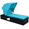 76.8" Long Reclining Single Chaise Lounge with Cushions; Canopy and Cup Table; Black Wicker+Blue Cushion