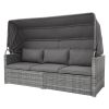 5 Pieces Outdoor Sectional Patio Rattan Sofa Set Rattan Daybed ; PE Wicker Conversation Furniture Set w/ Canopy and Tempered Glass Side Table; Gray