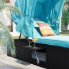 76.8" Long Reclining Single Chaise Lounge with Cushions; Canopy and Cup Table; Black Wicker+Blue Cushion