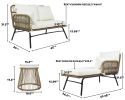 6PCS Outdoor Patio Balcony Natural Color Wicker Sofa Chair Set with Beige Cushion; Round Tempered Glass Table and Furniture Cover