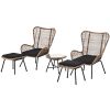 TOPMAX Outdoor Patio 5-Piece Rattan Conversation Set; PE Wicker Arm Chairs with Stools and Tempered Glass Tea Table for Balcony; Natural Rattan+Dark G