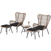 TOPMAX Outdoor Patio 5-Piece Rattan Conversation Set; PE Wicker Arm Chairs with Stools and Tempered Glass Tea Table for Balcony; Natural Rattan+Dark G