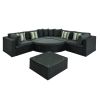 7-piece Outdoor Wicker Sofa Set; Rattan Sofa Lounger; With Striped Green Pillows; Conversation Sofa; For Patio; Garden; Deck; Black Wicker; Gray Cushi