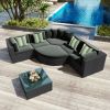 7-piece Outdoor Wicker Sofa Set; Rattan Sofa Lounger; With Striped Green Pillows; Conversation Sofa; For Patio; Garden; Deck; Black Wicker; Gray Cushi