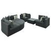 7-piece Outdoor Wicker Sofa Set; Rattan Sofa Lounger; With Striped Green Pillows; Conversation Sofa; For Patio; Garden; Deck; Black Wicker; Gray Cushi