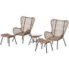 Outdoor Patio 5-Piece Rattan Conversation Set, PE Wicker Arm Chairs with Stools and Tempered Glass Tea Table for Balcony, Natural Rattan+Dark Gray