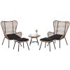 Outdoor Patio 5-Piece Rattan Conversation Set, PE Wicker Arm Chairs with Stools and Tempered Glass Tea Table for Balcony, Natural Rattan+Dark Gray