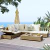 Patio 3-Piece Rattan Sofa Set All Weather PE Wicker Sectional Set with Adjustable Chaise Lounge Frame and Tempered Glass Table, Natural Brown+ Beige C