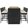 Outdoor Patio 7-Piece Rattan Dining Table Set, PE Wicker Bar Furniture Set with Wood Tabletop and 6 Dining Chairs for Backyard, Garden, Black Rattan+B