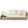 Patio 3-Piece Rattan Sofa Set All Weather PE Wicker Sectional Set with Adjustable Chaise Lounge Frame and Tempered Glass Table, Natural Brown+ Beige C