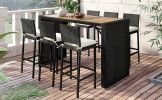 Outdoor Patio 7-Piece Rattan Dining Table Set, PE Wicker Bar Furniture Set with Wood Tabletop and 6 Dining Chairs for Backyard, Garden, Black Rattan+B