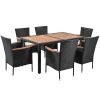 7-Piece Outdoor Patio Dining Set, Garden PE Rattan Wicker Dining Table and Chairs Set, Acacia Wood Tabletop, Stackable Armrest Chairs with Cushions (B