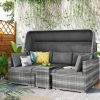 5 Pieces Outdoor Sectional Patio Rattan Sofa Set Rattan Daybed ; PE Wicker Conversation Furniture Set w/ Canopy and Tempered Glass Side Table; Gray