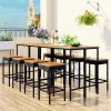 10-Piece Outdoor Patio Wicker Bar Set;  Garden PE Rattan Wicker Dining Table;  Square Stool Set;  Foldable Tabletop;  Acacia Wood Tabletop