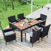 7-Piece Outdoor Patio Dining Set, Garden PE Rattan Wicker Dining Table and Chairs Set, Acacia Wood Tabletop, Stackable Armrest Chairs with Cushions (B