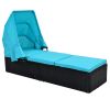 76.8" Long Reclining Single Chaise Lounge with Cushions; Canopy and Cup Table; Black Wicker+Blue Cushion