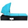 76.8" Long Reclining Single Chaise Lounge with Cushions; Canopy and Cup Table; Black Wicker+Blue Cushion