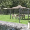 Patio 9.8ft.L x 9.8ft.W Gazebo with Extended Side Shed/Awning and LED Light for Backyard; Poolside; Deck; Brown