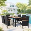 7-Piece Outdoor Patio Dining Set, Garden PE Rattan Wicker Dining Table and Chairs Set, Acacia Wood Tabletop, Stackable Armrest Chairs with Cushions (B