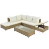 Patio 3-Piece Rattan Sofa Set All Weather PE Wicker Sectional Set with Adjustable Chaise Lounge Frame and Tempered Glass Table, Natural Brown+ Beige C