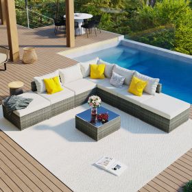 8-Pieces Outdoor Patio Furniture Sets;  Garden Conversation Wicker Sofa Set;  Single Sofa Combinable (Color: Beige)